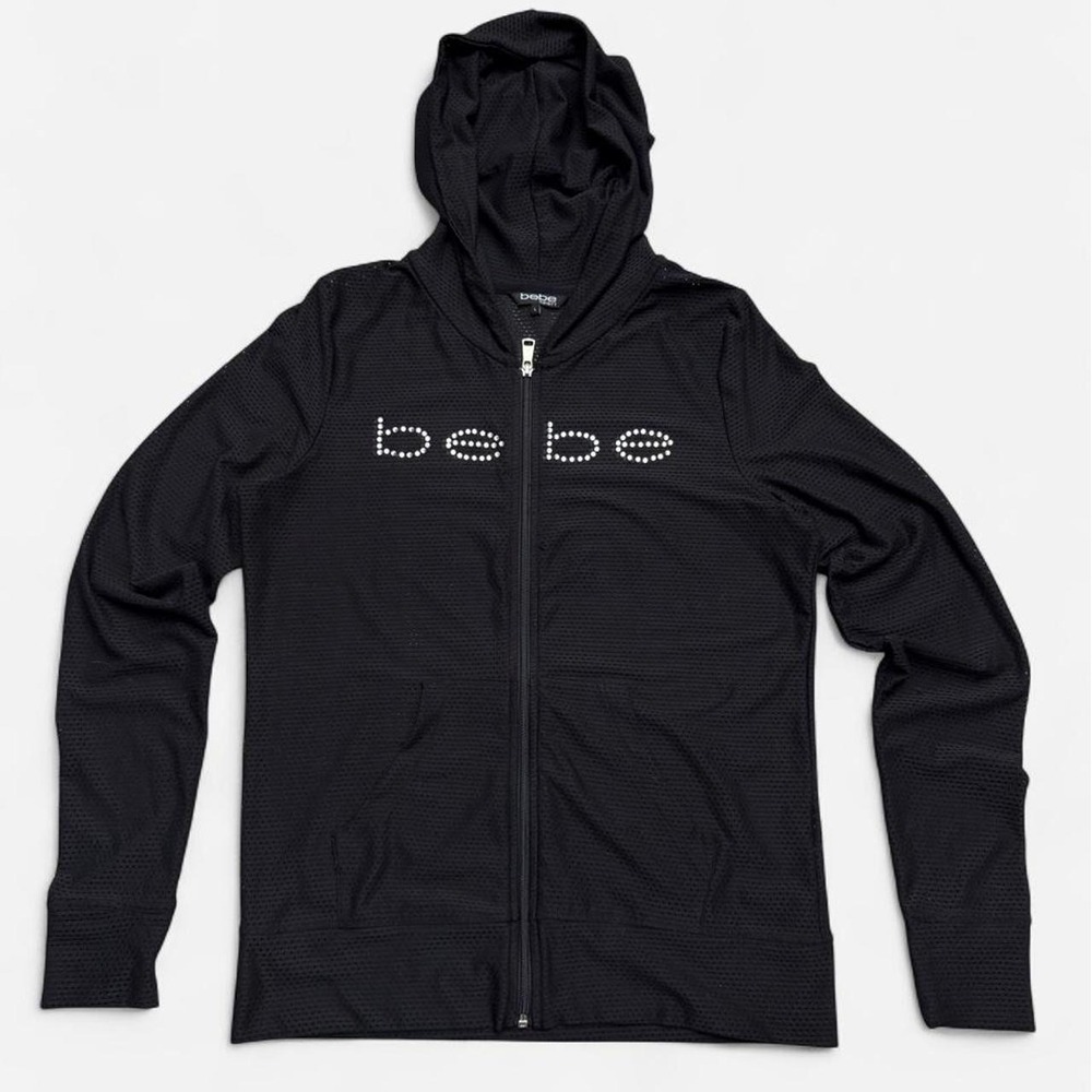 Bebe Sport black zip up hoodie with rhinestone logo size L